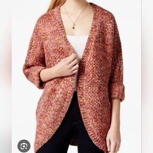 Maison Jules Open Marled Pink Brown Knit Cardigan 3/4 Sleeve Cozy Colorful M